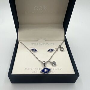 Belk Silverworks Boxed Silver Plated Blue Enamel Necklace & Stud Evil Eye